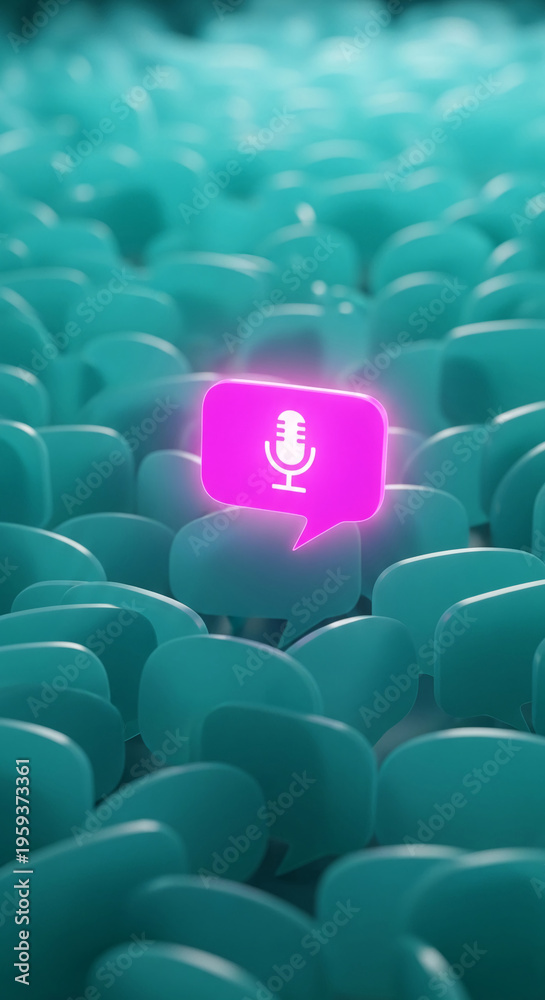Obraz premium Stack of cyan speech bubble shape with one glowing pink bubble with microphone, representing podcast, audio content, or focus in communication