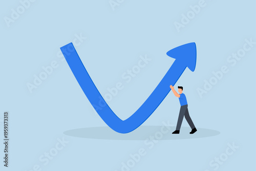 Economic recovery, Business professionals assist in elevating mdescending arrow towards an upward trajectory