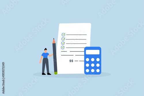 Project cost estimation, Female entrepreneur using calculator to calculate expenses based on the project document