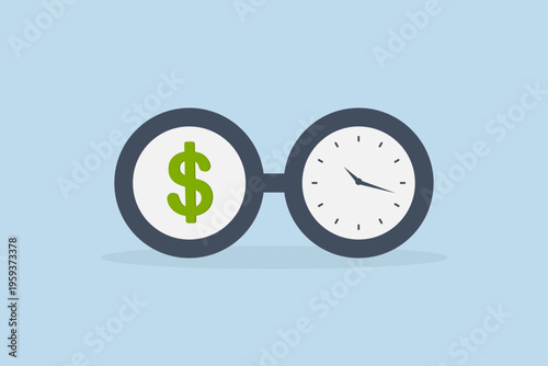 Time is money, Eyeglasses adorned with dollar sign and clock ticking away