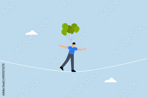 Risk management control, Businessman acrobat chooses to walk on rope with balloons in order to lower the level of risk