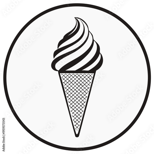 Ice Cream Cone Black and White Simple Graphic Icon Summer Dessert Treat Illustration