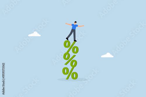 dangerous increase in interest rates is leading to slowdown in business, businessmen balancing on precarious stack of percentages