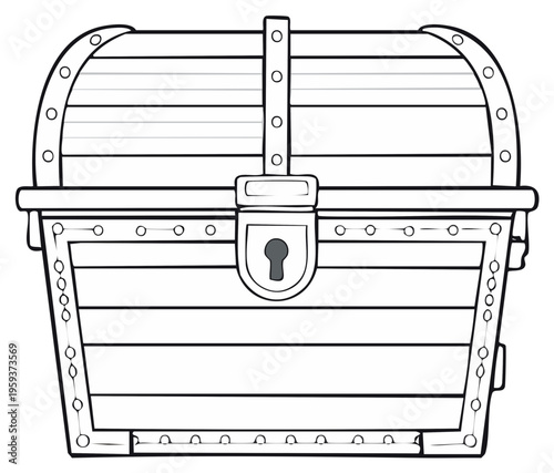 Vintage wooden treasure chest with a lock black and white line art illustration for coloring
