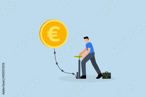 Inflation in Europe causing by energy shortage, Businessperson uses air pump to inflate floating Euro currency coin