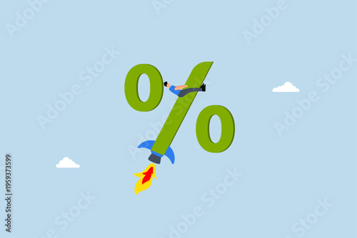 Interest rate rising up, Businessman soaring with rocket booster analogy to illustrate impact of interest rate increase