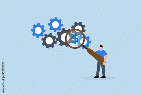 Cost effective, businessman with magnifying glass examining dollar bills from gear manufacturing