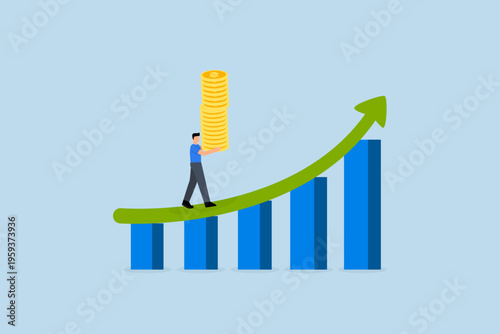Increase revenue, businessman holds coin pile strolls upward growth chart illustration