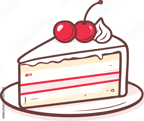 A delicious piece of chocolate cake with cream and cherries on top in a sweet dessert illustration