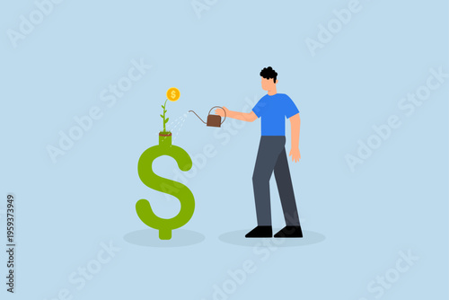 Money growth, businessman nurturing developing plant with currency coin blossom