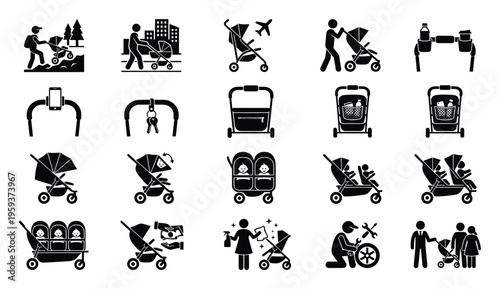 Stroller icon collection depicting everyday activities like outdoor recreation, city outings, air travel, accessory attachments, multiple children, family interactions, and maintenance,
