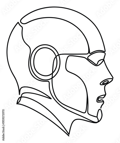 Single continuous line drawing of a futuristic human head profile representing artificial intelligence or cybernetics suitable for technology presentations innovation branding and digital