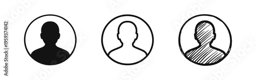 Generic user avatar profile icons, showing a person silhouette in a circle in solid, outline, and doodle styles