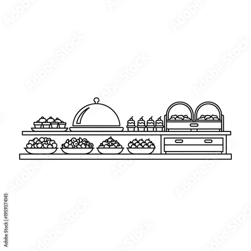Minimalist Line Art Illustration of a Dessert Display with Cakes and Pastries