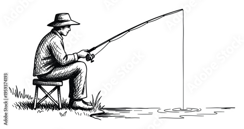 Relaxed angler enjoying a peaceful day by the water, patiently waiting for a catch, ideal for outdoor hobby publications and leisure activity promotions