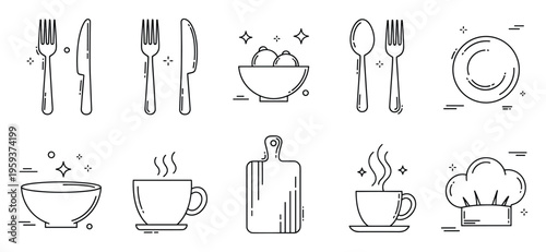 Essential kitchen cooking utensils and dinnerware line icons set ideal for restaurant menu designs culinary blog headers or food preparation themed web applications