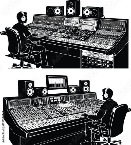 Audio engineer working in professional recording studio with mixing console speakers and computer equipment for music production sound design illustration set