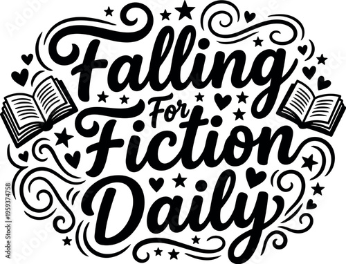 Falling for fiction daily calligraphic lettering with open books and hearts