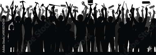 Crowd of cheering people silhouettes celebrating success holding trophies banners and flags representing victory teamwork festival energy and public event excitement illustration