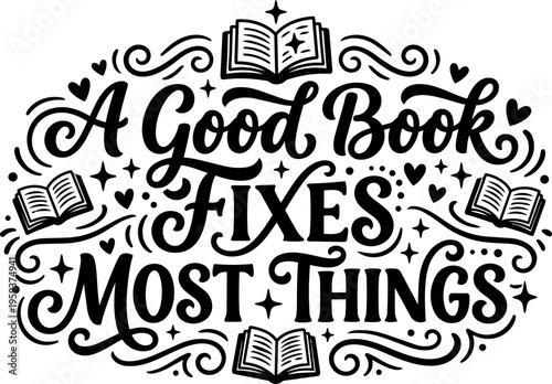 Good book fixes most things calligraphic lettering with open book icons