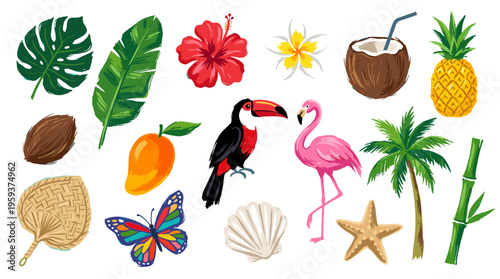 A vibrant collection of tropical elements including exotic fruits, colorful birds, lush plants, and marine life, perfect for summer themes.