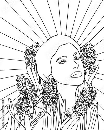Girl with Hyacinth Adult Coloring Page, Feminine Portrait Floral Illustration