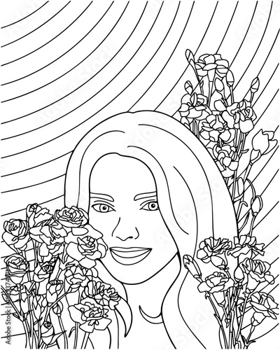 Beautiful Boho Woman with Flowers Line Art Coloring Book Page, Vector Illustration