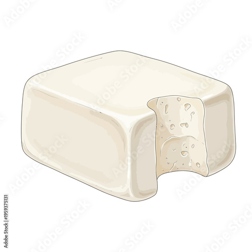 Bitten block of white cheese, isolated on white background