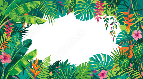 Vibrant tropical jungle foliage and exotic flowers forming a lush green border around a central white space, evoking a sense of natural beauty and exoticism.