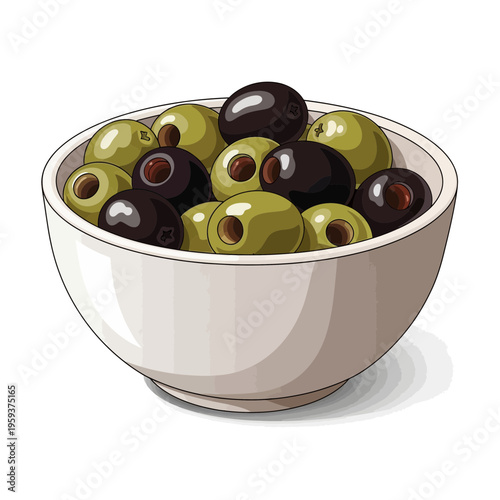 Bowl of mixed green and black olives, isolated on white background
