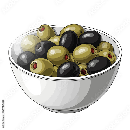 Bowl of mixed olives, green and black, pitted, isolated on white background