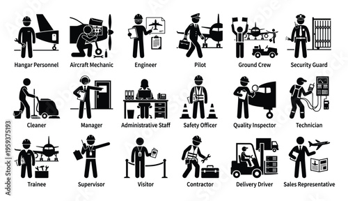 Collection of diverse airport staff roles and aviation industry occupations depicting essential personnel and support services ideal for business presentations and human resources content