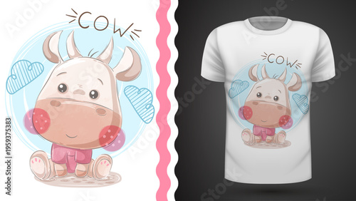 Cute cartoon cow with pink outfit and clouds, t-shirt design