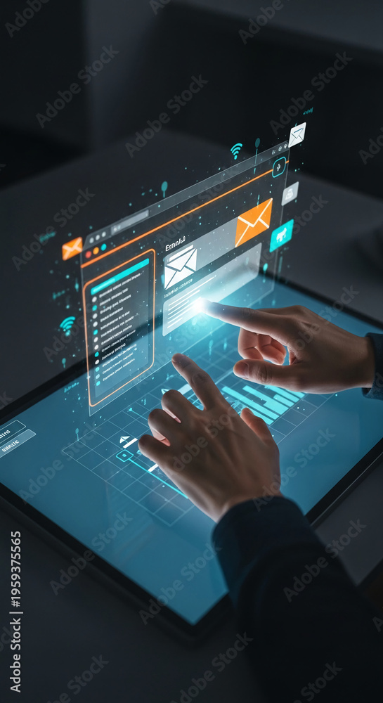 Fototapeta premium Person interacts with digital interface with email icons on tablet screen, representing communication, connectivity and information flow within technology