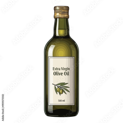 Extra Virgin Olive Oil Bottle, Green Glass, Olive Branch Illustration