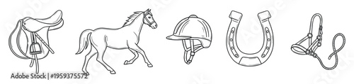 Equestrian sports equipment and horse accessories including a saddle, horse, helmet, horseshoe, and bridle, perfect for educational content, riding club graphics, or themed designs