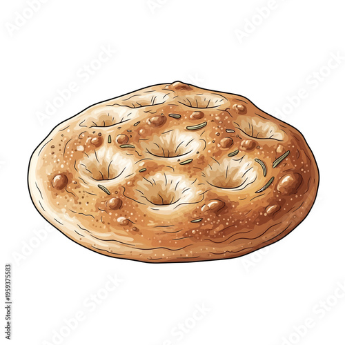 Focaccia bread with rosemary and dimples, isolated on white background, illustration