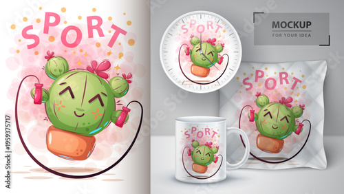 Cute cartoon cactus doing sports, jumping rope, t-shirt design