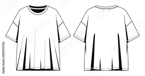 White blank unisex loose fit short sleeve tshirt flat technical sketch design showing front and back views for apparel merchandising and clothing production purposes