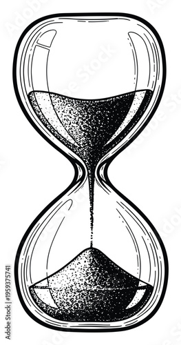 Black and white line drawing of a classic hourglass with sand flowing through its narrow neck symbolizing the passage of time, useful for concepts of deadlines, history, or measurement.