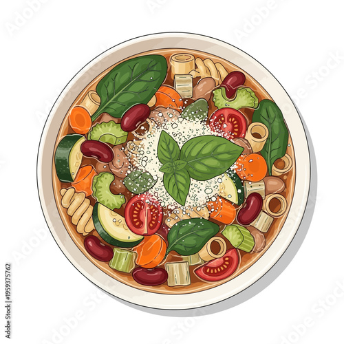 Hearty Minestrone Soup with Pasta and Vegetables, Top View