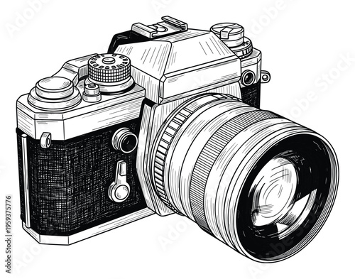 A classic black and white film camera with an interchangeable optical lens and functional controls, perfect for representing traditional photography equipment, historical context, or