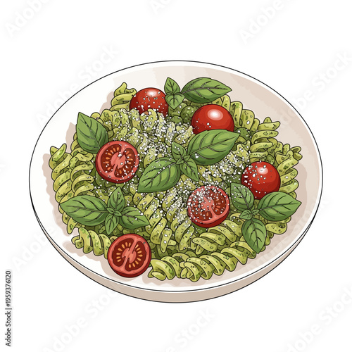 Pesto pasta with cherry tomatoes and basil, artistic illustration