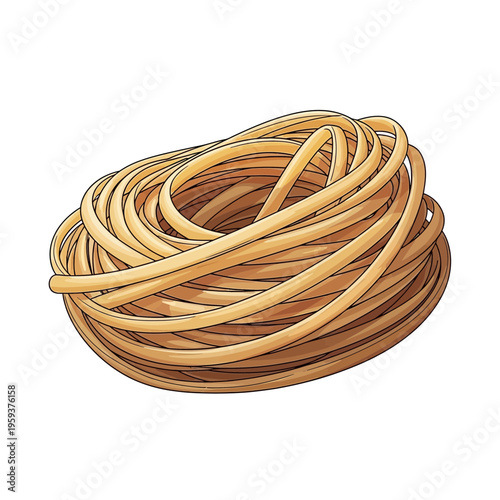 Rolled uncooked spaghetti nest, isolated on white background