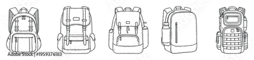 Explore a diverse collection of handdrawn black and white backpacks with various designs perfect for school, travel, camping, and daily adventures, ideal for product guides and outdoor gear