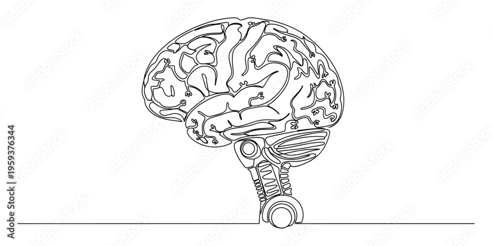Fototapeta premium Continuous line drawing of a human brain merging with intricate mechanical robotic parts illustrating artificial intelligence and technological evolution for scientific presentations and