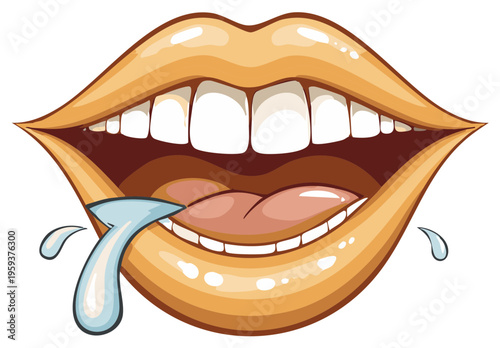 Close up of open mouth with shiny lips, tongue licking a water droplet and white teeth