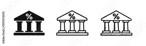 Bank Building with Percentage Sign Icon Set: Financial Institution and Interest Rate Symbols