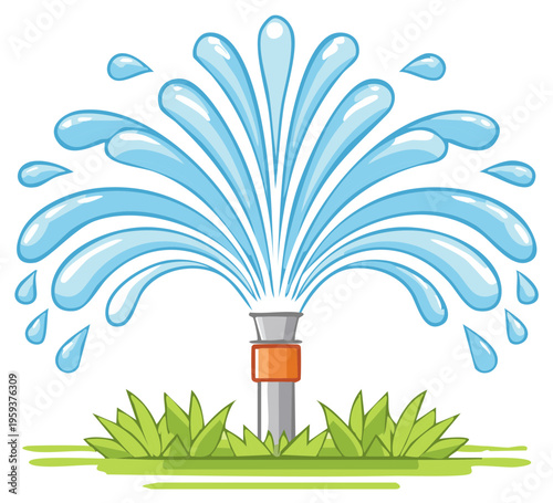 Cartoon sprinkler spraying water with drops and grass illustration