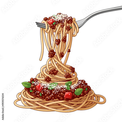 Spaghetti Bolognese on Fork, Delicious Italian Pasta Dish with Meat Sauce and Basil